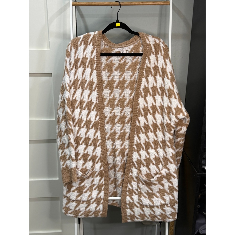 Sincerely Jules Houndstooth Open Front Cardigan Tan White Fuzzy Knit S Cabincore